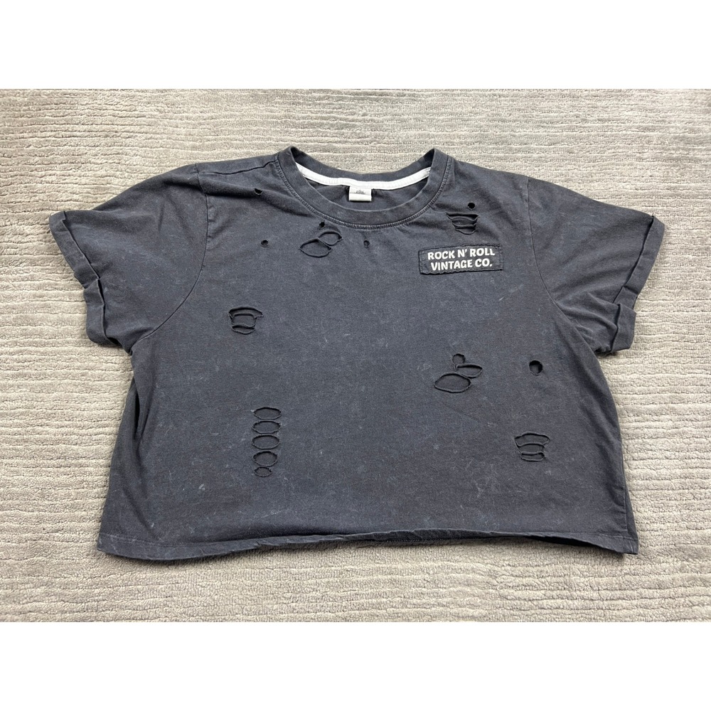 La Luna Crop Top Women M Gray Rock N Roll Vintage Co Distressed Grunge Tee